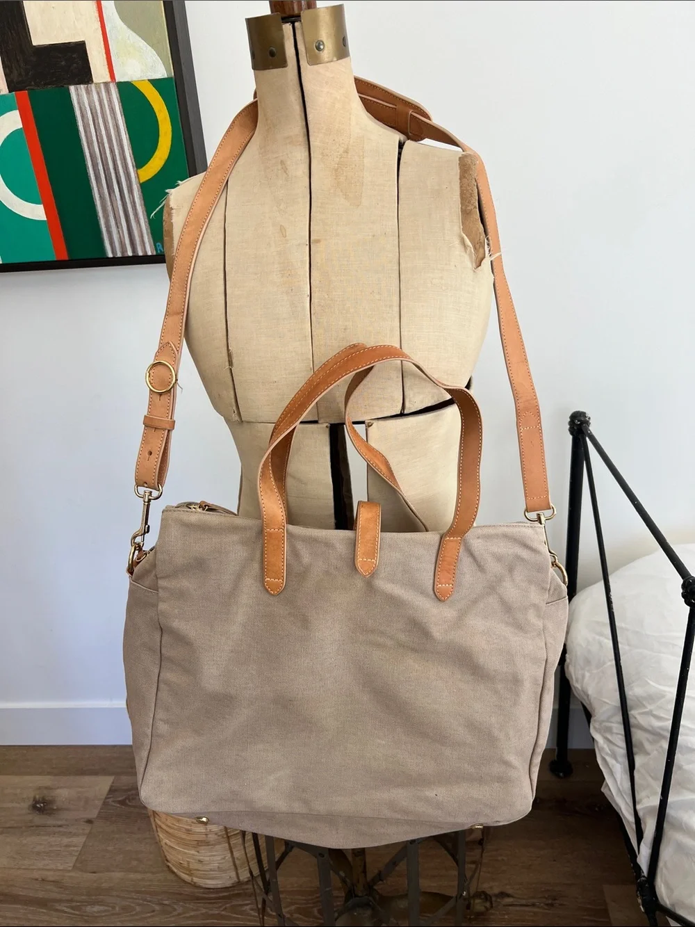 Cuyana Taupe Canvas Laptop Bag with Tan Leather Trim travel Messenger